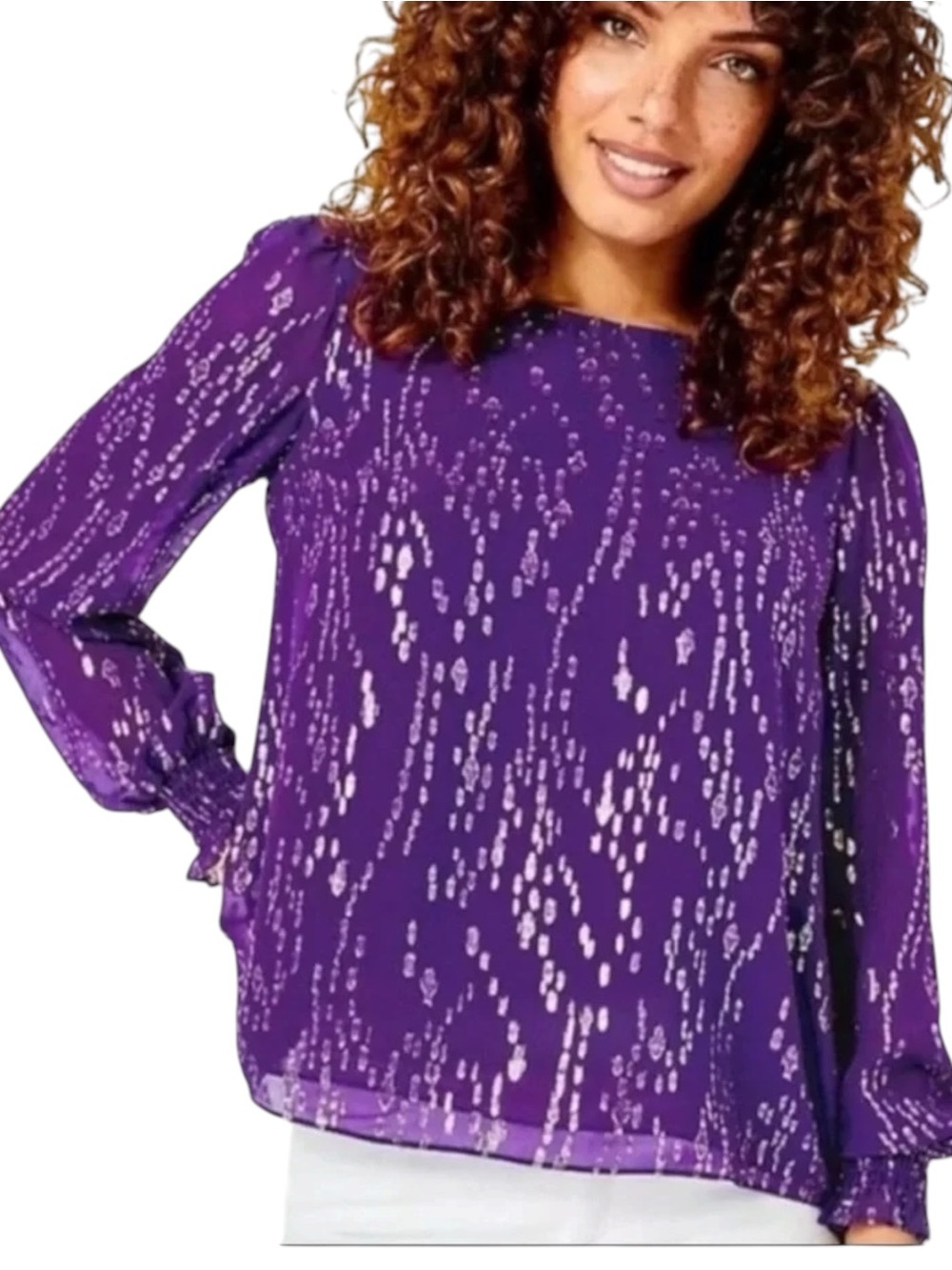 Lilly Pulitzer Idina Long Sleeve Silk Metallic Top size Small in Purple / Gold